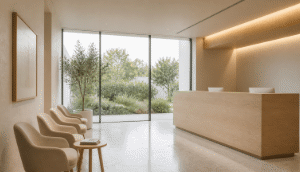 The empty reception and waiting area of a modern Australian dental practice