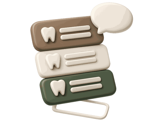 Three AI answer cards naming clinics, each marked with a tooth icon, above one empty outlined slot