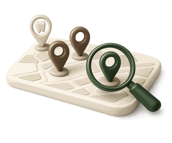 A map of clinic location pins with a magnifying glass singling out one, the tooth pin left outside it