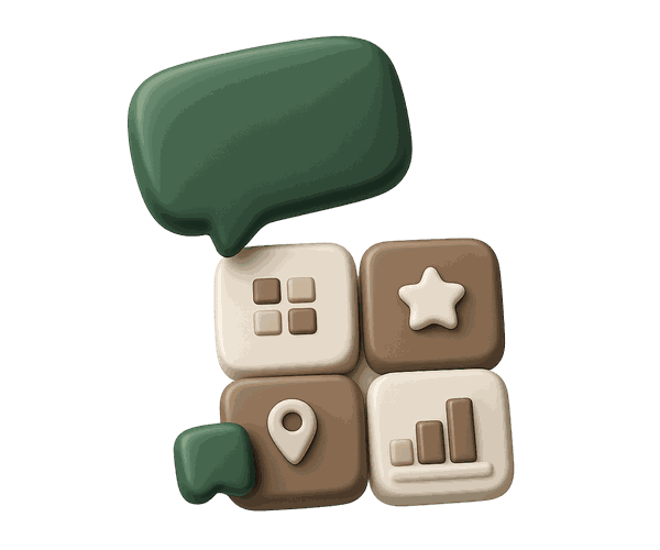 A speech bubble above four tiles: structured data, a review star, a location pin and a bar chart