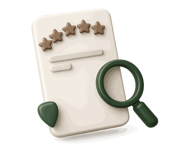 A review card showing five stars but only two lines of written feedback, under a magnifying glass