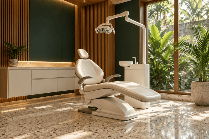 An empty, calm dental treatment room in Bali with a cream dental chair, timber panelling and a window onto a tropical garden in warm morning light.