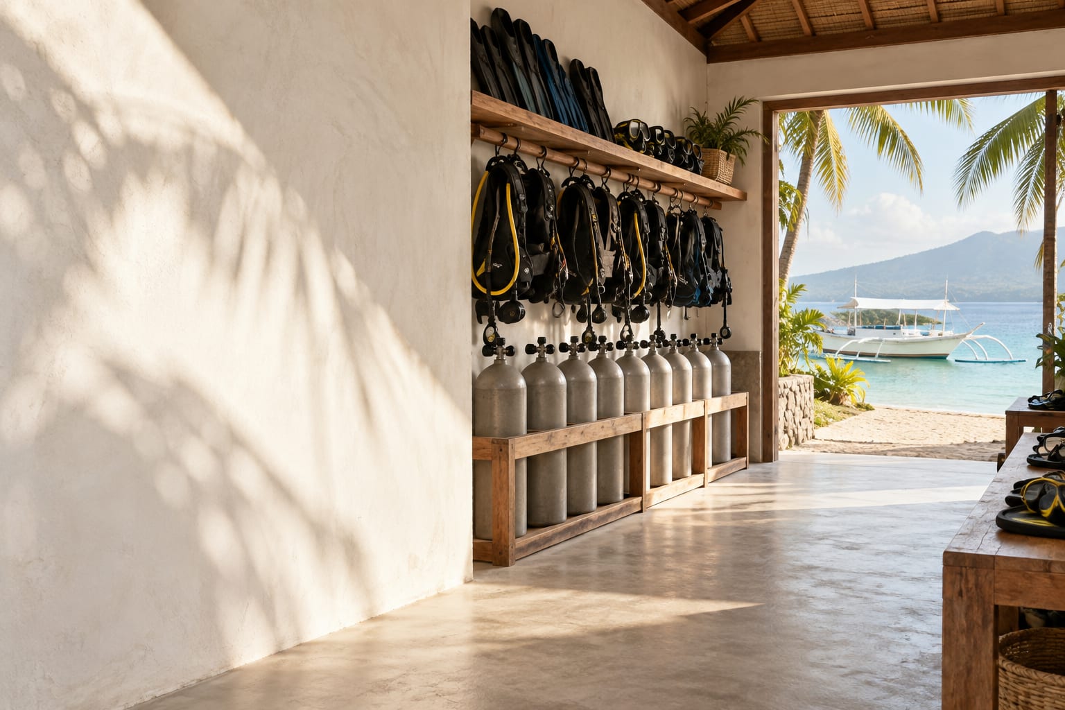 The gear room of a small dive center in Bali, scuba tanks in a wooden rack and buoyancy jackets on hooks, a doorway open onto a calm bay and an outrigger boat.