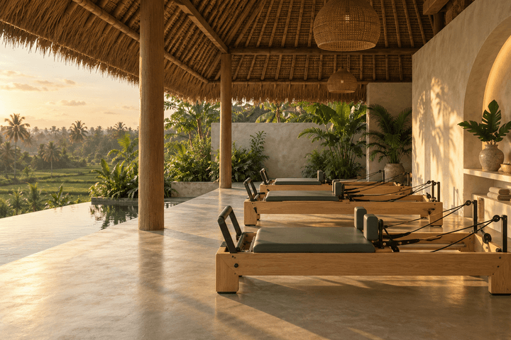 An empty open-air reformer Pilates studio in Bali at golden hour, under a thatched roof beside rice fields.
