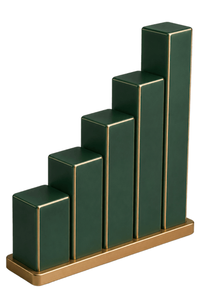 A tilted 3D sculpture of ascending forest-green bars increasing in height, the tallest glowing with a beam of light rising from its peak, representing a business rising to the top of search results.