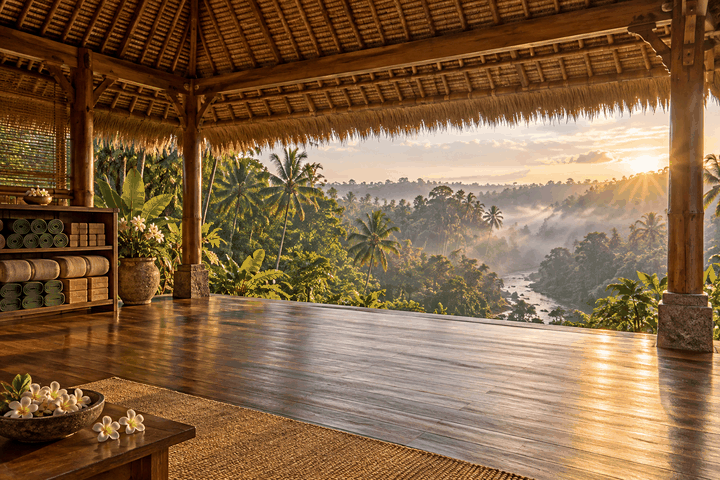 An empty open-air yoga shala in Bali in the morning, mats and bolsters stacked under a thatched roof above a jungle valley.