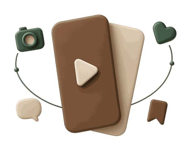 Phone showing a video play button alongside camera, like and save icons, representing Instagram profile and content