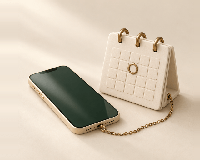A phone joined by a brass chain to a desk calendar
