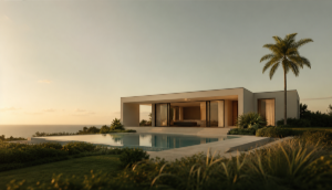 A modern Bali villa at sunset with an infinity pool overlooking the ocean