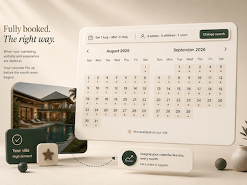 A booking calendar showing a Bali villa fully reserved through August and September, illustrating strong marketing and visibility turning into a full calendar.