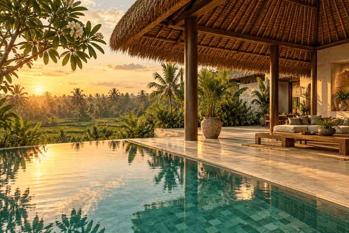 A Bali villa pool and thatched pavilion at sunset, looking over palms