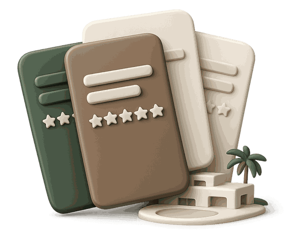 A small villa and palm tree almost hidden behind a stack of booking platform listing cards